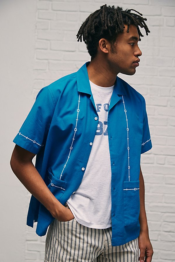 Bdg Embroidered Button-down Shirt Top In Blue, Men's At Urban Outfitters