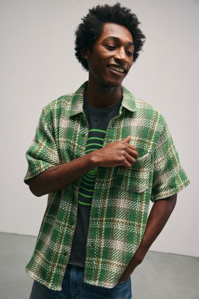 Shop Bdg Reed Plaid Shirt Top In Olive, Men's At Urban Outfitters