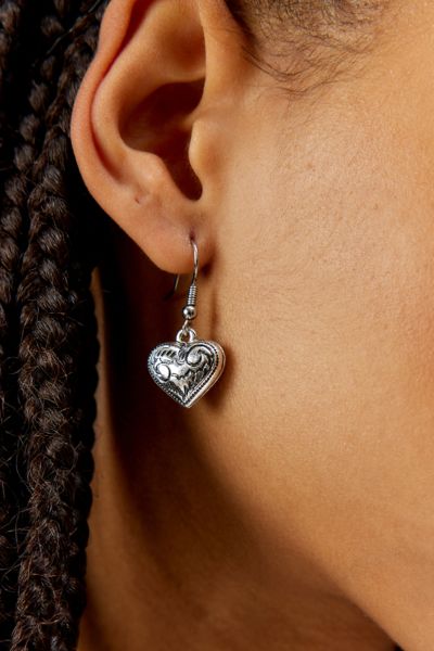 Urban Outfitters Etched Heart Drop Earring In Silver, Women's At