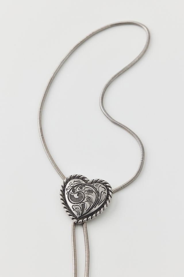 Etched Heart Metal Bolo Tie Necklace #1