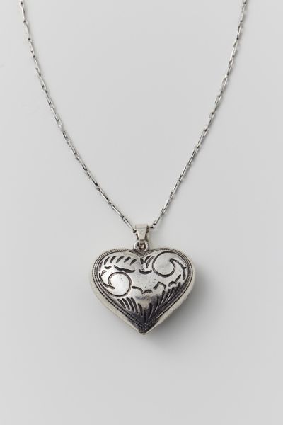 Urban Outfitters Etched Heart Pendant Necklace In Silver, Women's At  In Metallic