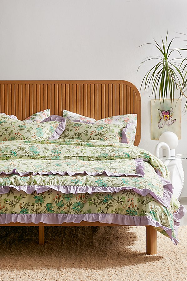 Urban Outfitters Bliss Floral Ruffle Duvet Cover In Lime At  In Green