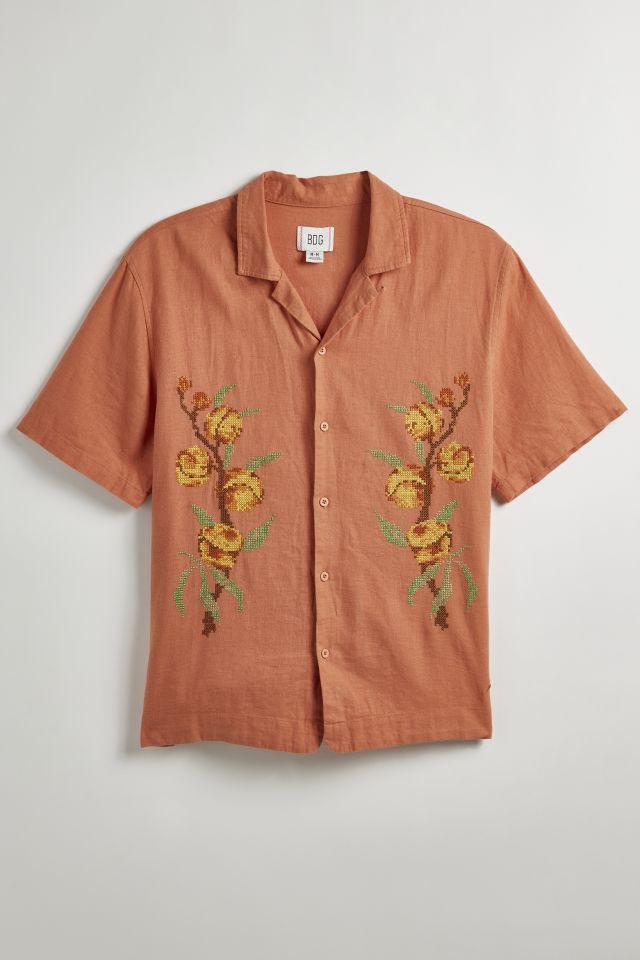 BDG Peaches Cross Stitch Linen Short Sleeve Button-Down Shirt #1
