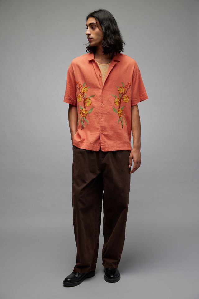BDG Peaches Cross Stitch Linen Short Sleeve Button-Down Shirt #3