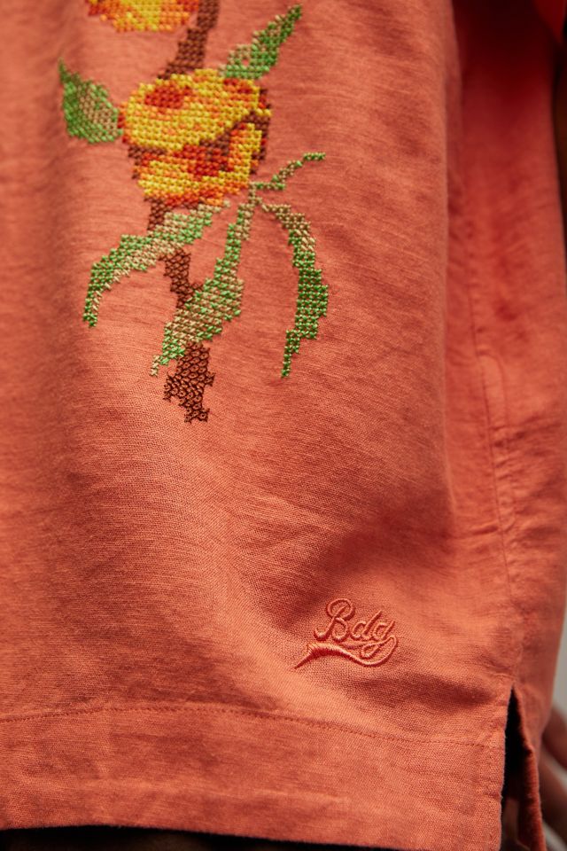 BDG Peaches Cross Stitch Linen Short Sleeve Button-Down Shirt #4