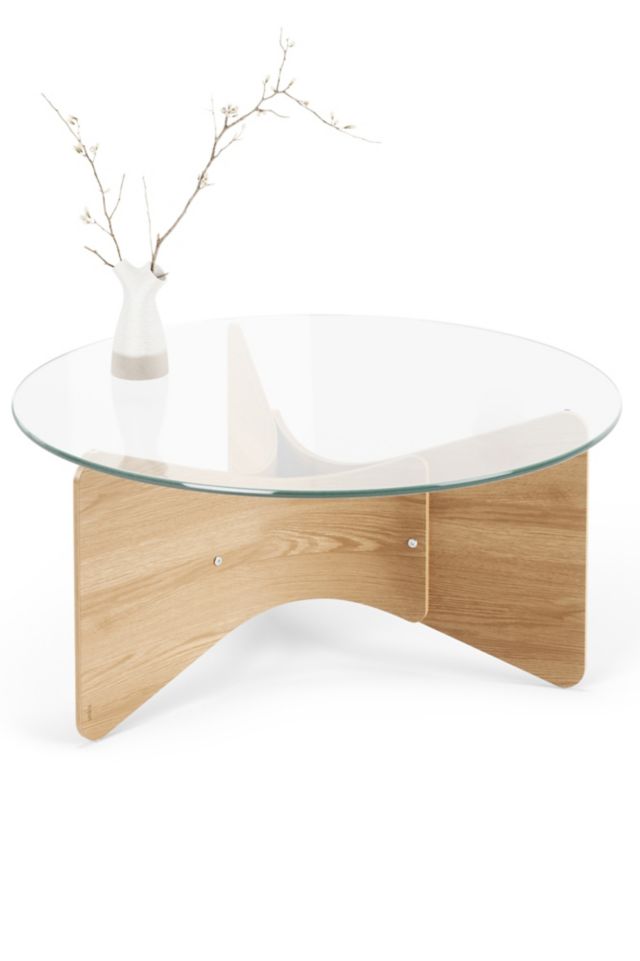 Natural Wood and Glass Round Coffee Table with Tri-Legged Base