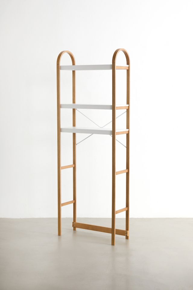 White and Natural Wood Over-the-Toilet Storage Shelf