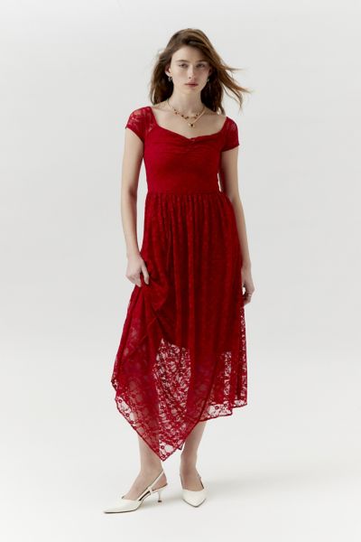 Shop Urban Renewal Remnants Lace Cap Sleeve Asymmetric Maxi Dress In Red At Urban Outfitters