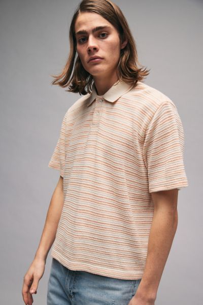 Shop Bdg Blake Striped Polo Shirt Top In Cream, Men's At Urban Outfitters