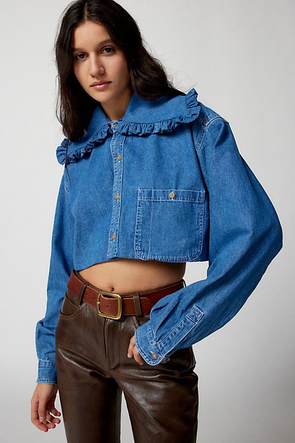 Urban Renewal Remade Ruffle Collar Chambray Cropped Shirt In Indigo, Women's At Urban Outfitters