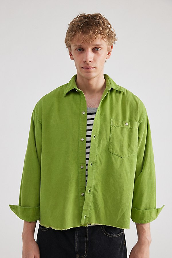 Urban Renewal Remade Overdyed Raw Crop Cord Long Sleeve Shirt In Lime, Men's At Urban Outfitters