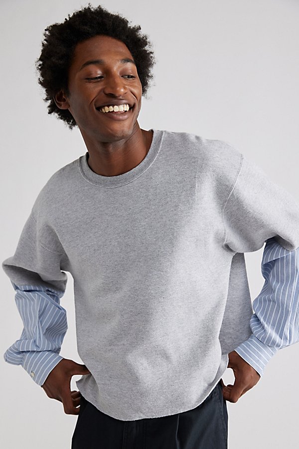 Urban Renewal Remade Shirting Sleeve Crew Neck Sweatshirt In Grey, Men's At Urban Outfitters