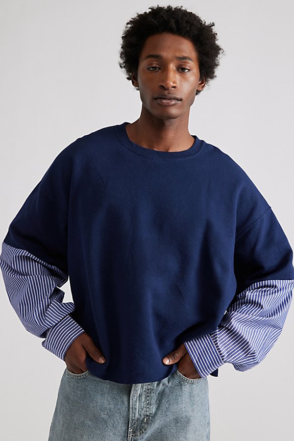 Urban Renewal Remade Shirting Sleeve Crew Neck Sweatshirt In Navy, Men's At Urban Outfitters