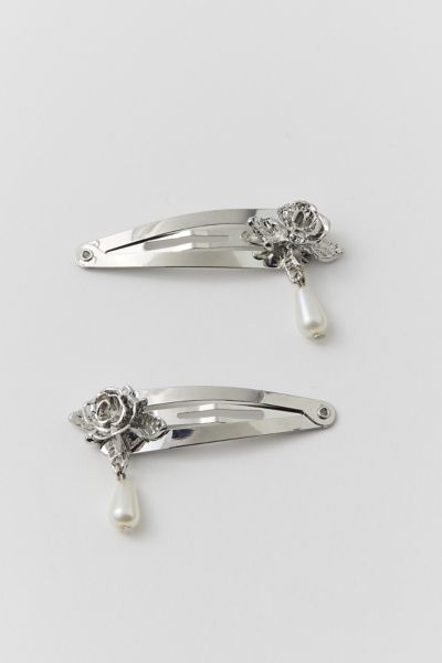 Urban Outfitters Rose & Pearl Snap Clip Set In Silver, Women's At  In Metallic