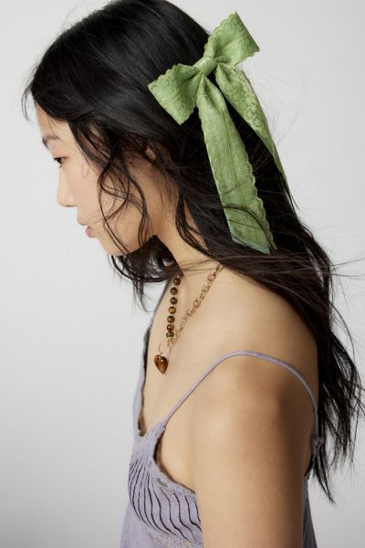 Urban Outfitters Dolly Satin Lace Hair Bow Barrette In Green At