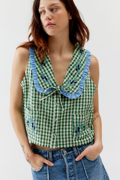 Neon Rose Embroidered Gingham Sleeveless Top In Green, Women's At Urban Outfitters