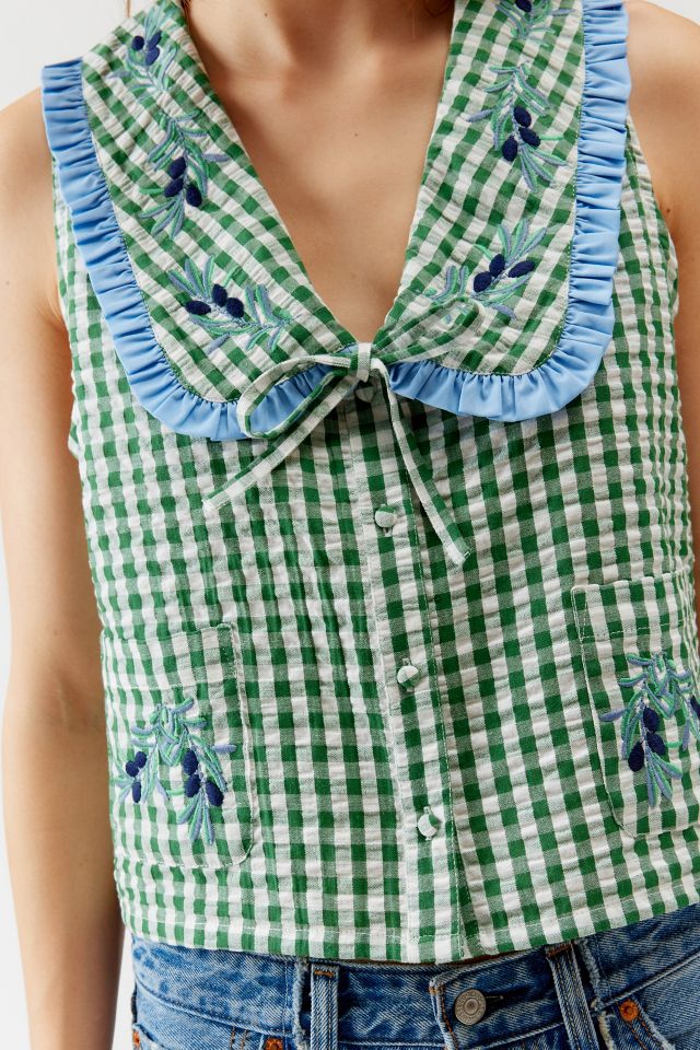 Neon Rose Embroidered Gingham Sleeveless Top #2