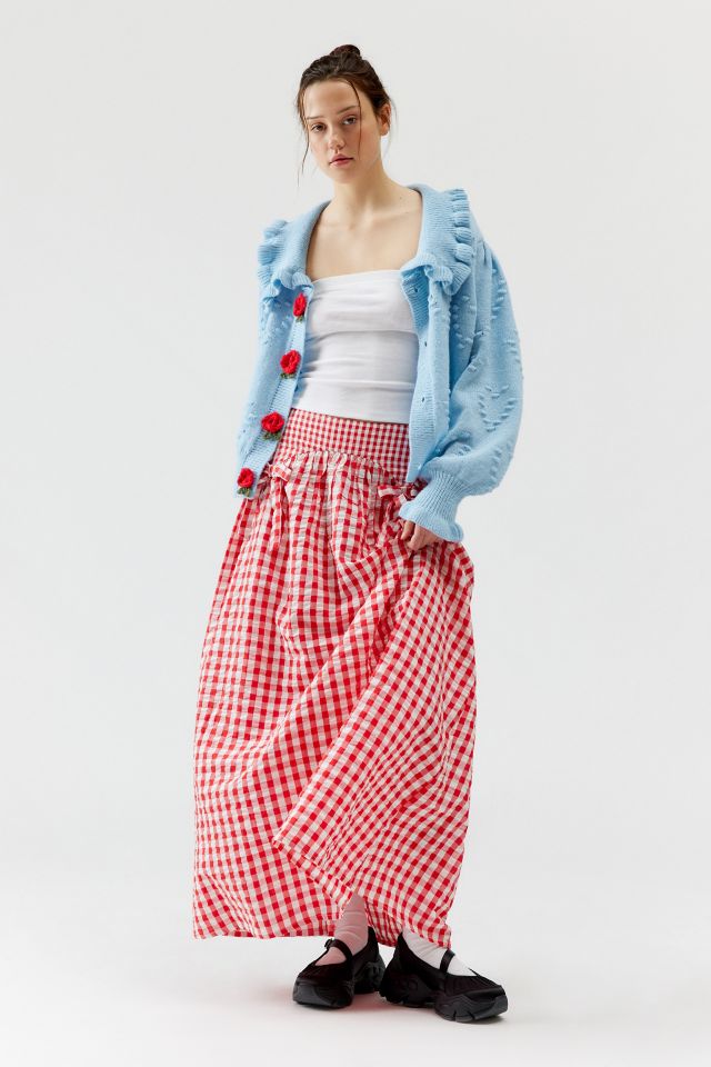 Neon Rose Gingham Bow Maxi Skirt #1