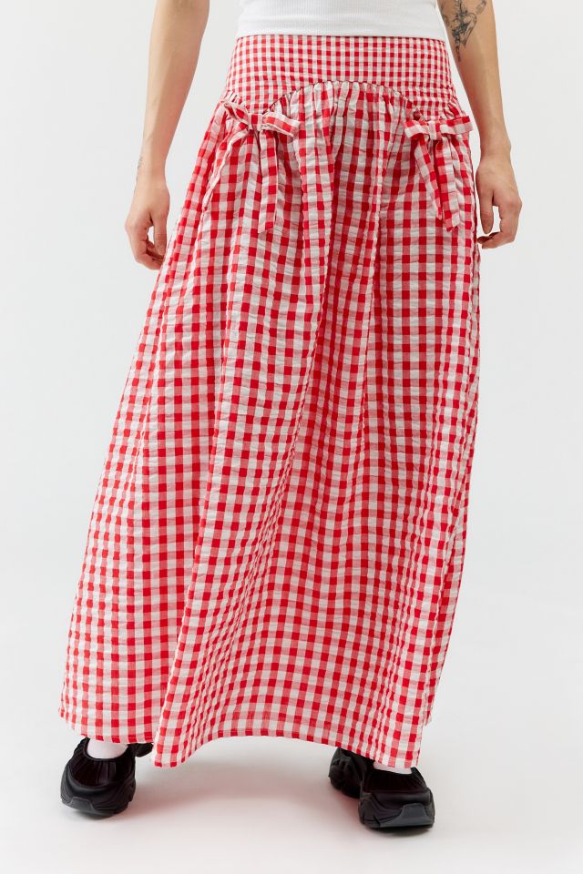 Neon Rose Gingham Bow Maxi Skirt