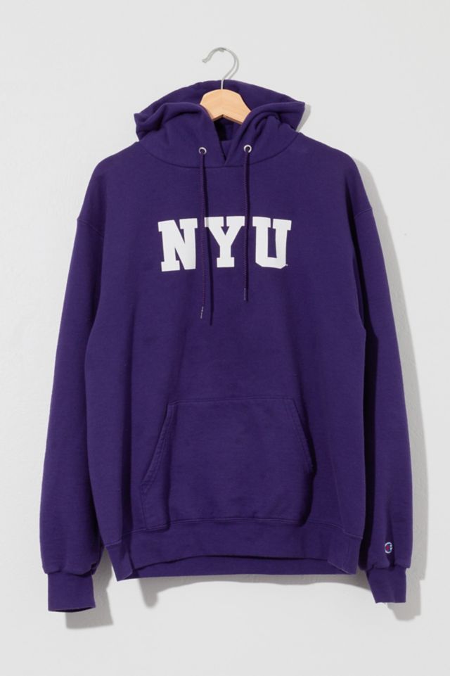 Vintage Y2K Distressed Champion NYU Purple Spell Out Hoodie Sweatshirt