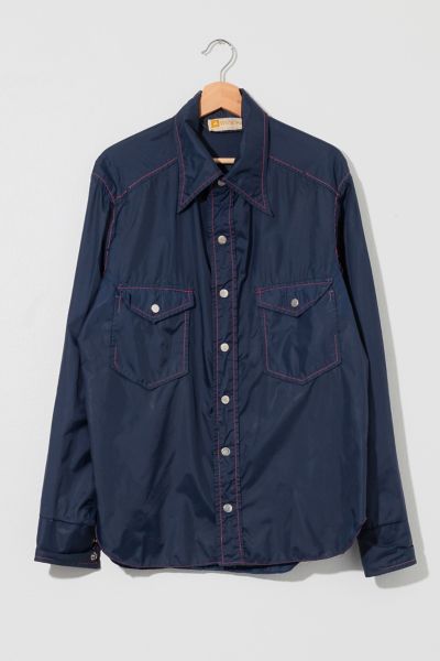 Vintage 1970s Distressed Navy Blue Red Stitched Shirt Jacket
