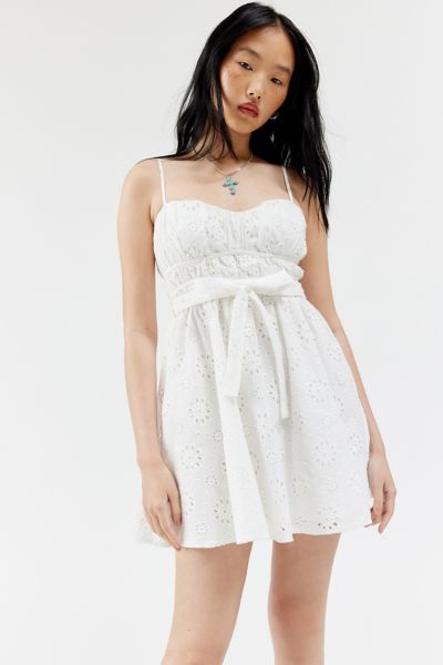 Shop Kiss The Sky Pearl Eyelet Mini Dress In White, Women's At Urban Outfitters