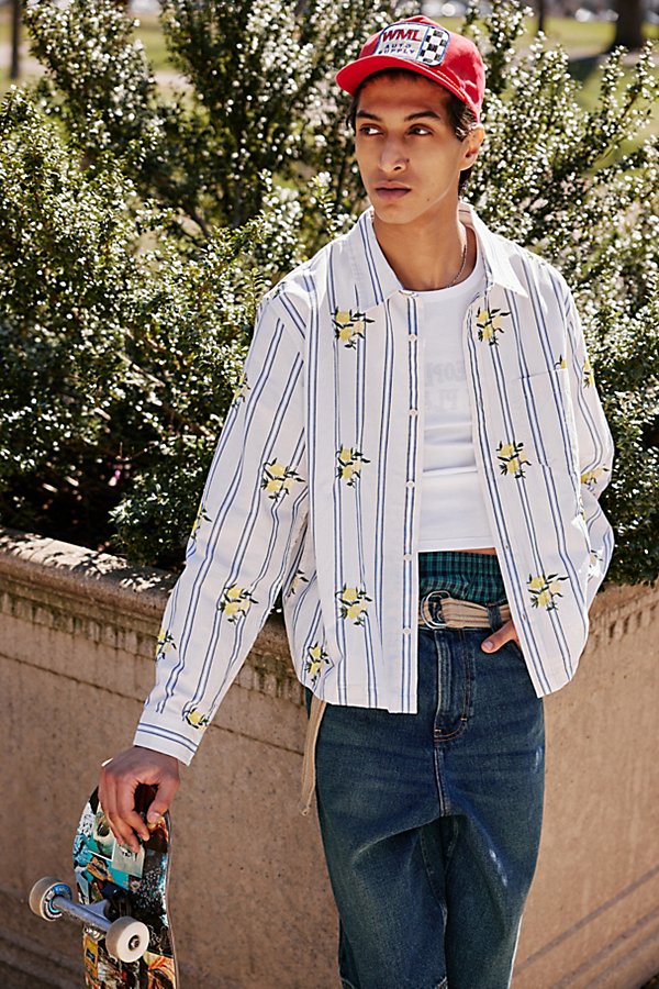 Bdg Striped Embroidered Lemon Shirt Top In Blue, Men's At Urban Outfitters