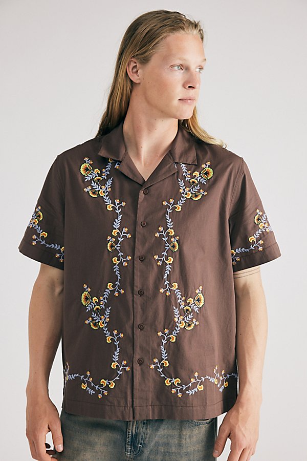 Bdg Ornate Embroidered Short Sleeve Button-down Shirt Top In Chocolate, Men's At Urban Outfitters