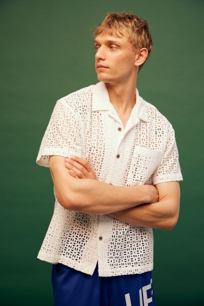 Obey Vida Eyelet Short Sleeve Shirt Top In White, Men's At Urban Outfitters