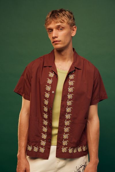 Obey Tres Woven Short Sleeve Shirt Top In Sepia, Men's At Urban Outfitters In Red