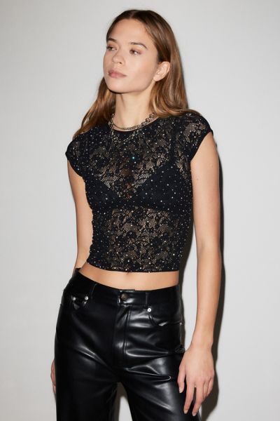 Out From Under Divine Sheer Lace Diamante Seamless Tee In Black, Women's At Urban Outfitters
