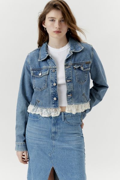 Urban Renewal Remade Y2k Lace Ruffle Denim Jacket In Vintage Denim Medium, Women's At Urban Outfitters
