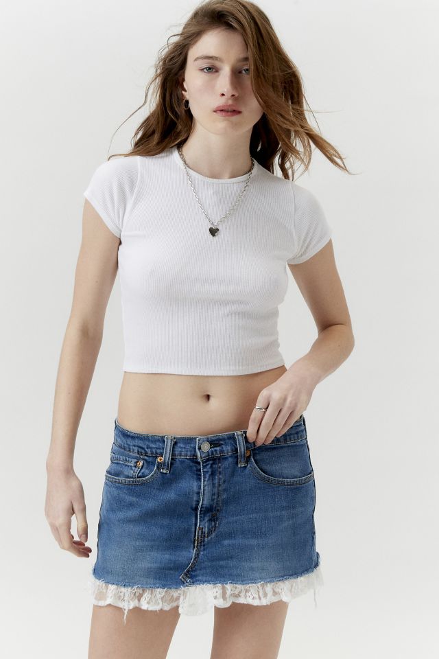 Urban Renewal Remade Lace Ruffle Gummy Denim Mini Skirt | Urban Outfitters