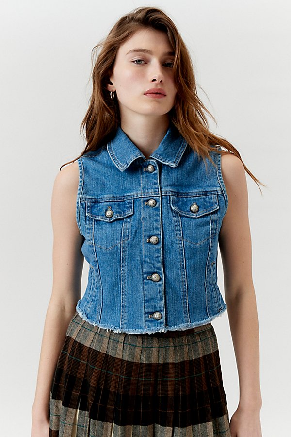 Urban Renewal Remade Raw Cropped Denim Vest Jacket In Indigo, Women's At Urban Outfitters