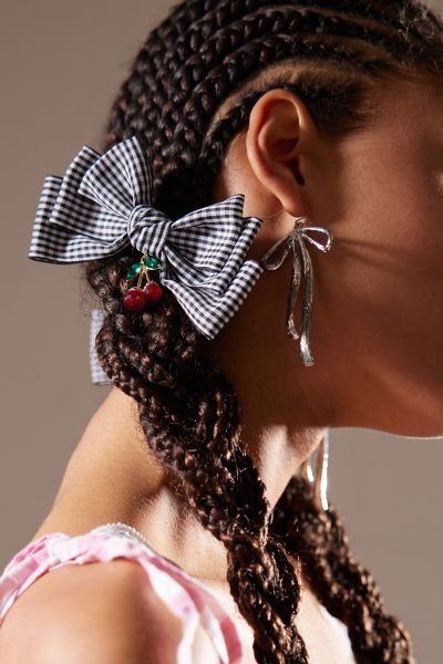Urban Outfitters Cherry Gingham Hair Bow Barrette Set In Black/white, Women's At