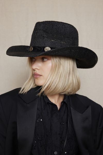 URBAN OUTFITTERS RYDER STRAW COWBOY HAT IN BLACK, WOMEN'S AT URBAN OUTFITTERS 