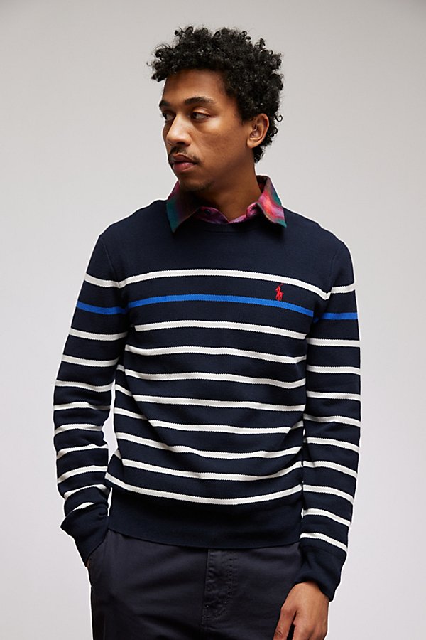 Shop Polo Ralph Lauren Striped Cotton Crew Neck Sweater In Navy, Men's At Urban Outfitters