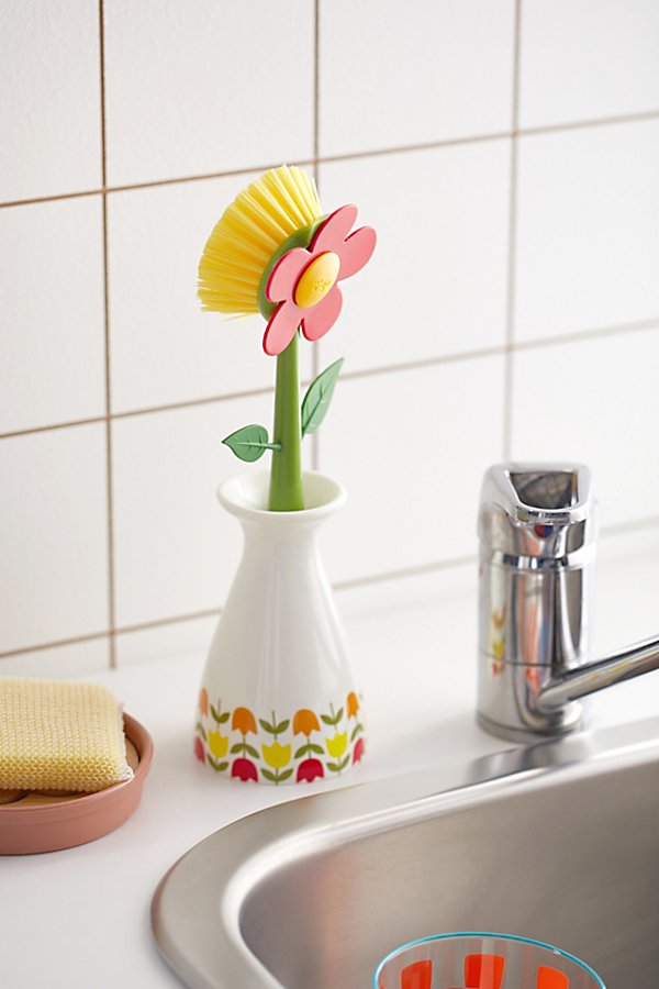 Urban Outfitters Flower Power Dish Brush & Holder Set In Red At