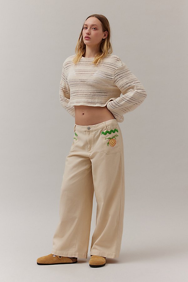 Bdg Joey Embroidered Pant In Ivory, Women's At Urban Outfitters
