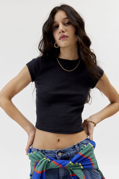 Shop Urban Renewal Remnants Made In La Cap Sleeve Baby Tee In Black, Women's At Urban Outfitters