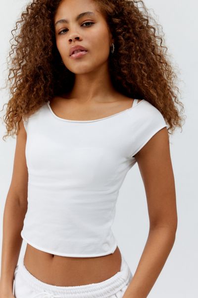 Shop Out From Under Cotton Compression Boatneck Cropped Tee Top In White, Women's At Urban Outfitters