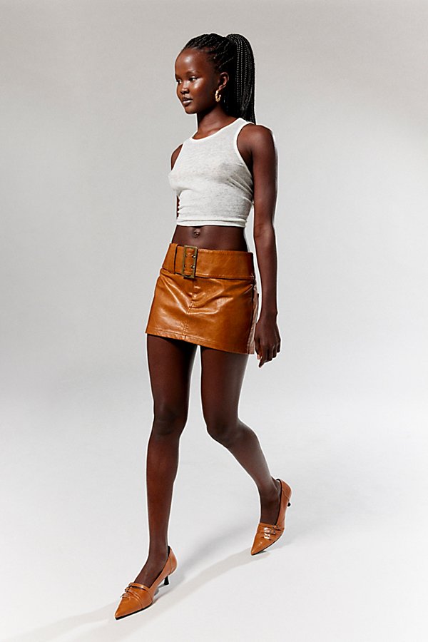 Shop Lioness Uma Faux Leather Belted Micro Mini Skirt In Dark Brown, Women's At Urban Outfitters