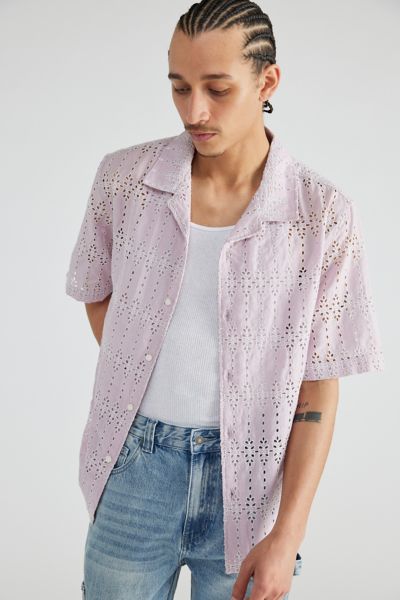 GUESS ORIGINALS Embroidered Eyelet Camp Collar Button-Down Shirt