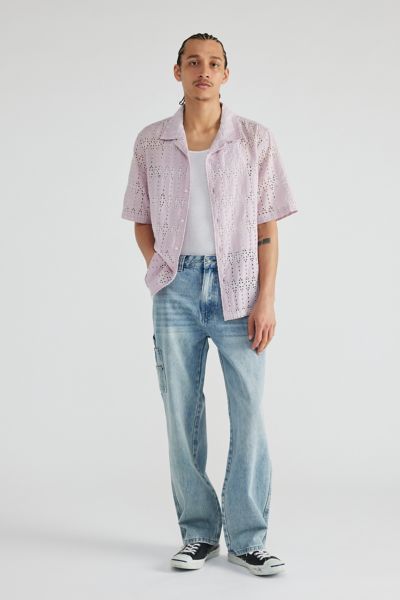 GUESS ORIGINALS Embroidered Eyelet Camp Collar Button-Down Shirt