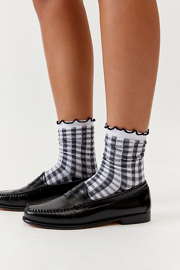 Urban Outfitters Gingham Ruffle Crew Sock In Black/white Gingham, Women's At