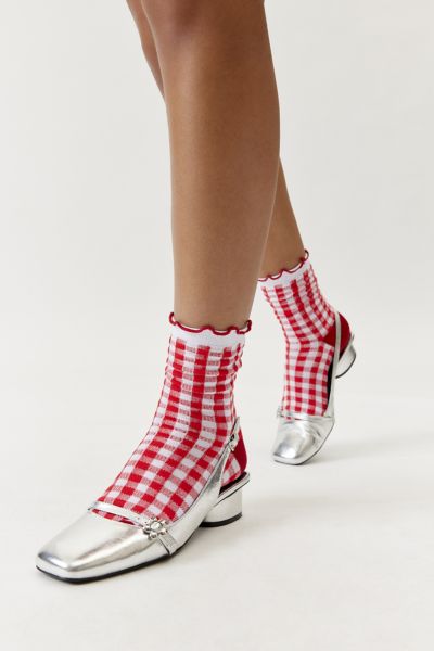 Urban Outfitters Gingham Ruffle Crew Sock In Red/white Gingham, Women's At