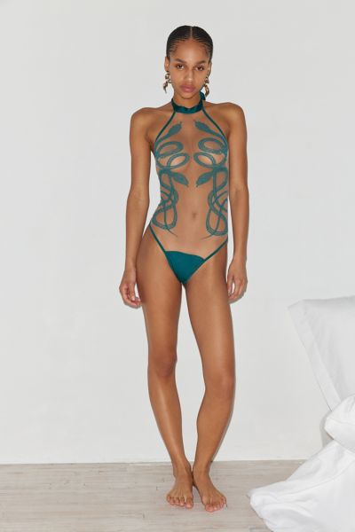 Thistle & Spire Medusa Embroidered Bodysuit In Dark Green, Women's At Urban Outfitters In Blue