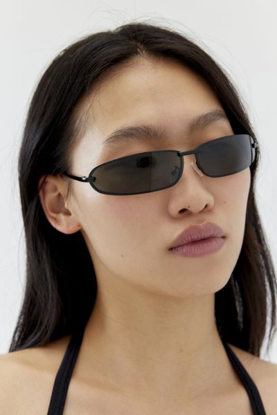 Urban Outfitters '90s Curved Rimless Shield Sunglasses In Black Smoke, Women's At