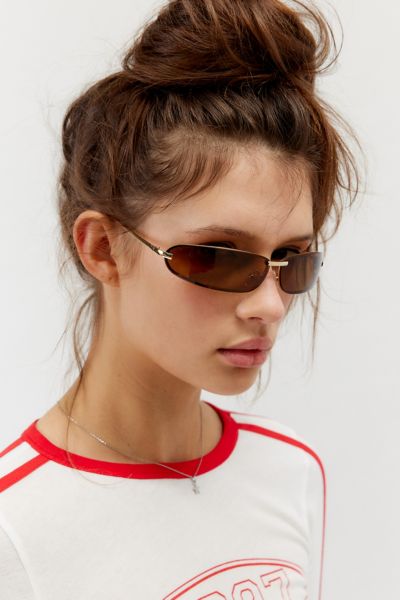 Urban Outfitters '90s Curved Rimless Shield Sunglasses In Brown Gold, Women's At