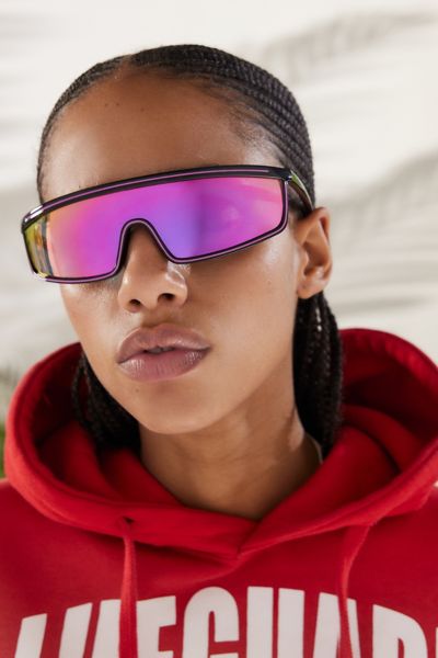 Urban Outfitters '80s Sport Shield Sunglasses In Black/bright Pink Mirror, Women's At